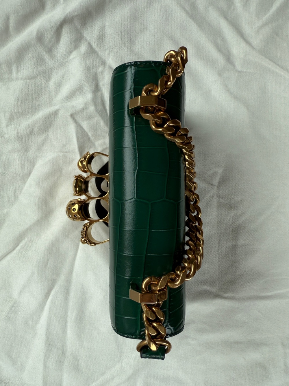 ALEXANDER MCQUEEN ‘Mini Jeweled Croc Satchel’ in Emerald/Gold - Picture 7 of 14